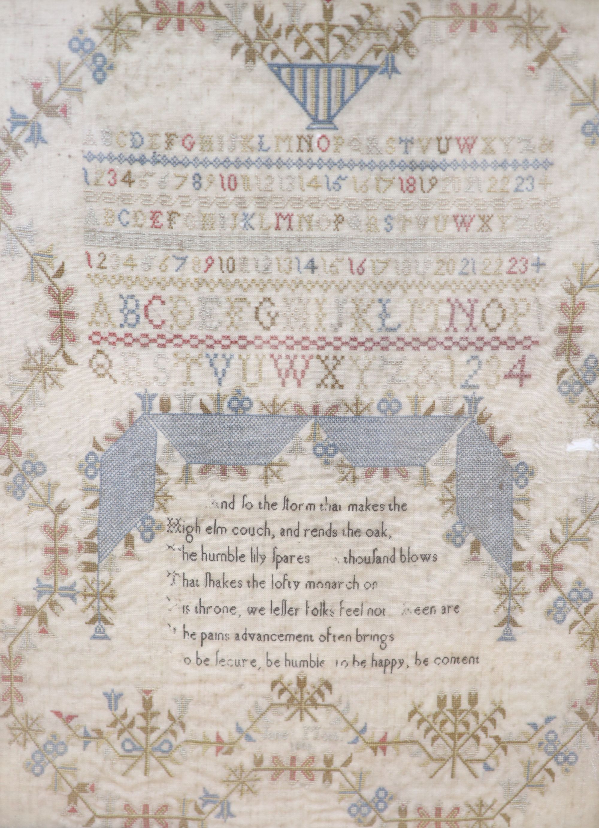 A 19th century sampler, in rosewood frame, together with a Regency silkwork, framed, largest overall 48 x 38cm